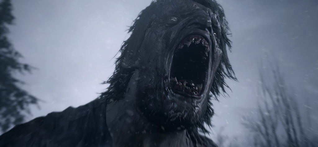 Un primer plano de un aterrador monstruo licántropo gritando en un entorno nevado de Resident Evil Village