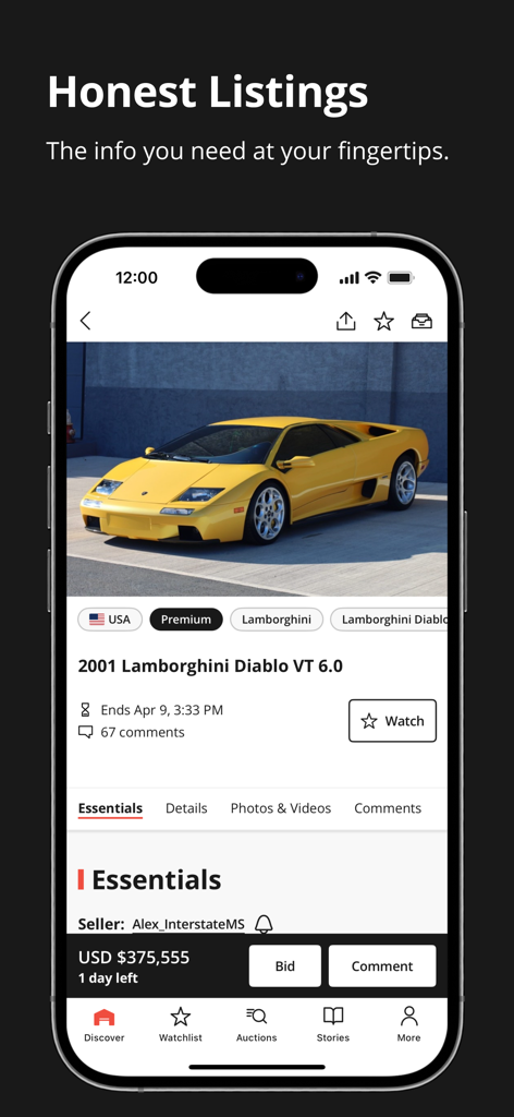 Yellow Lamborghini Diablo auction listing on the Bring a Trailer mobile app showing bid details and vehicle information