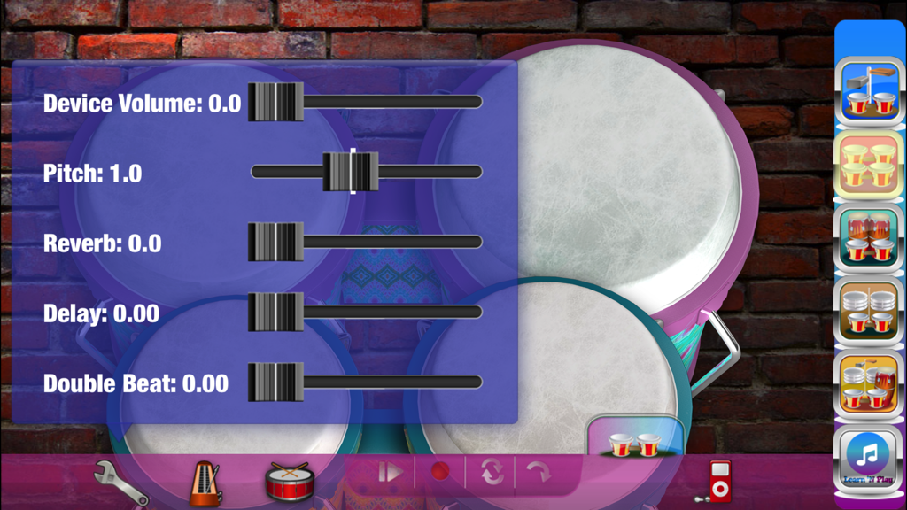 Bongos Bongos app screen showing professional audio controls for pitch reverb and delay with drum icons