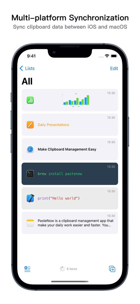 PasteNow - Instant Clipboard - PasteNow app interface on iPhone showing synchronized clipboard history with text, links, and code snippets