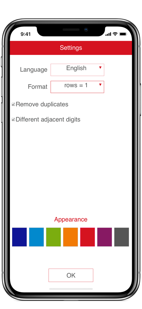 Pantalla de configuración de la aplicación Random Number Generator que muestra opciones de idioma, formato y apariencia.
