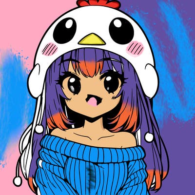 anime girl with chick shaped hat with sweater with bare shoulders with bangs covering them one eye with low tail