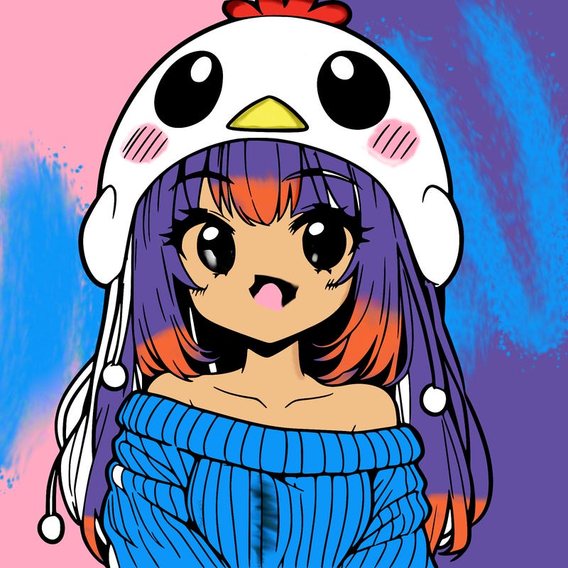 anime girl with chick shaped hat with sweater with bare shoulders with bangs covering them one eye with low tail