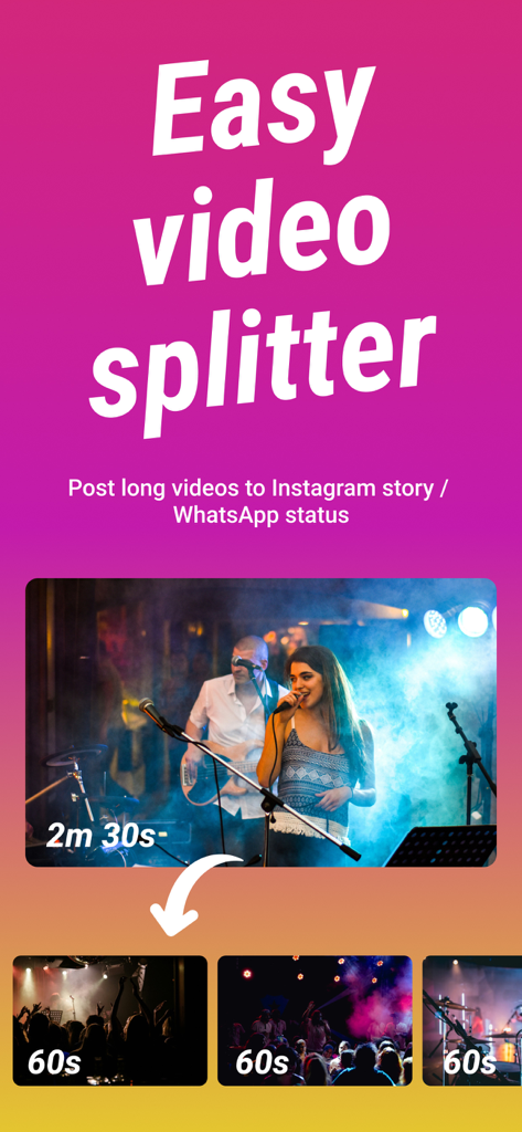 Split Video For Long Story - The Split Video app interface showing a two minute thirty second video being divided into multiple sixty second clips for social media stories