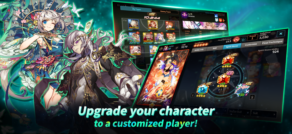 Soccer Spirits character upgrade screen with anime illustrations and spirit stones
