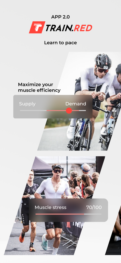 Train.Red app interface showing muscle supply demand and stress metrics for endurance training