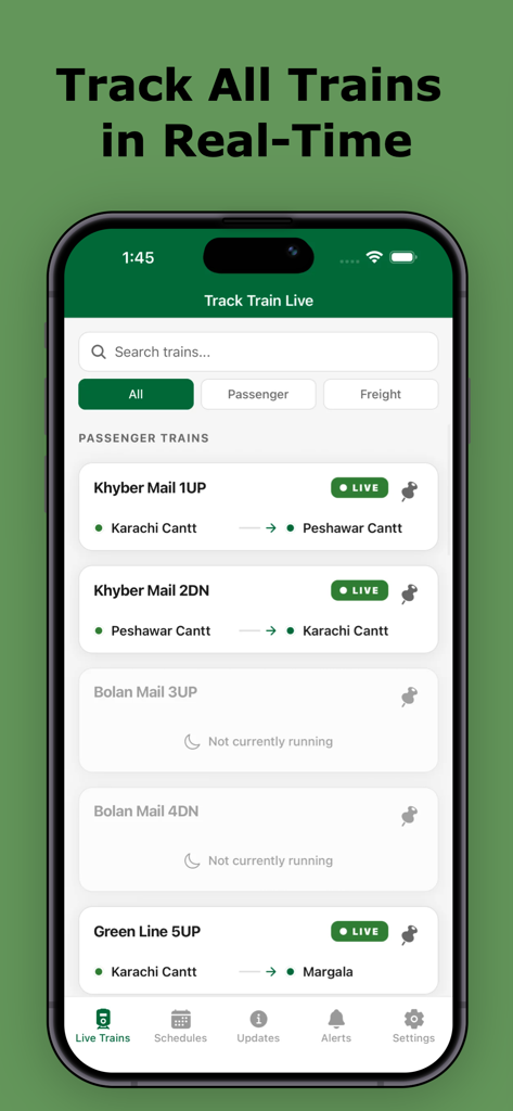 Track Train Live - Pakistan - Mobile app interface showing a list of Pakistan Railways passenger trains with live status and route details