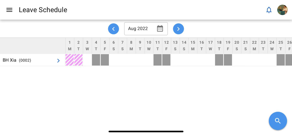 Leave schedule calendar view in the HR.my Mobile app showing employee attendance and time off.