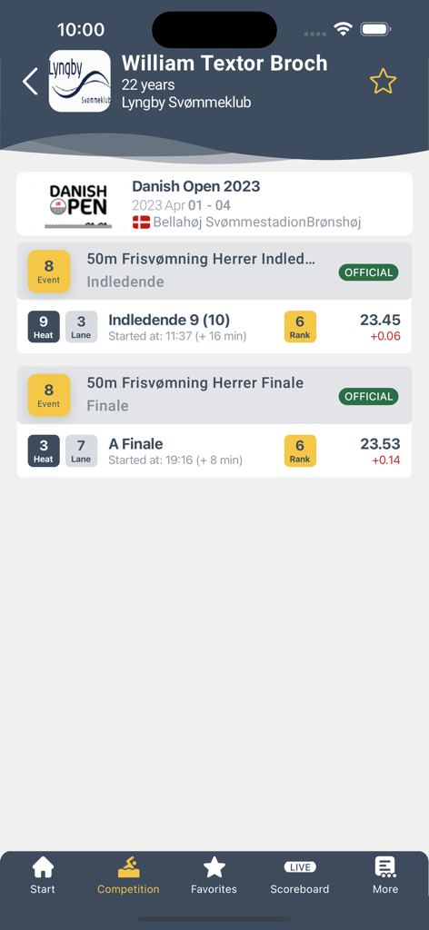 Swimmer profile and competition results page in the Swimify Livetiming app