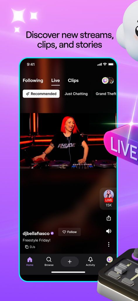 Twitchモバイルアプリのインターフェース。ディスカバータブにDJからのライブ音楽ストリームが表示されている。