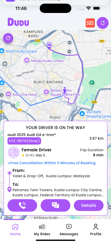 DUDU Car Malaysia - Eine Echtzeit-Fahrer-Tracking-Oberfläche der DUDU Car Malaysia Elektro-Taxi-App, die eine EV-Route in Kuala Lumpur zeigt