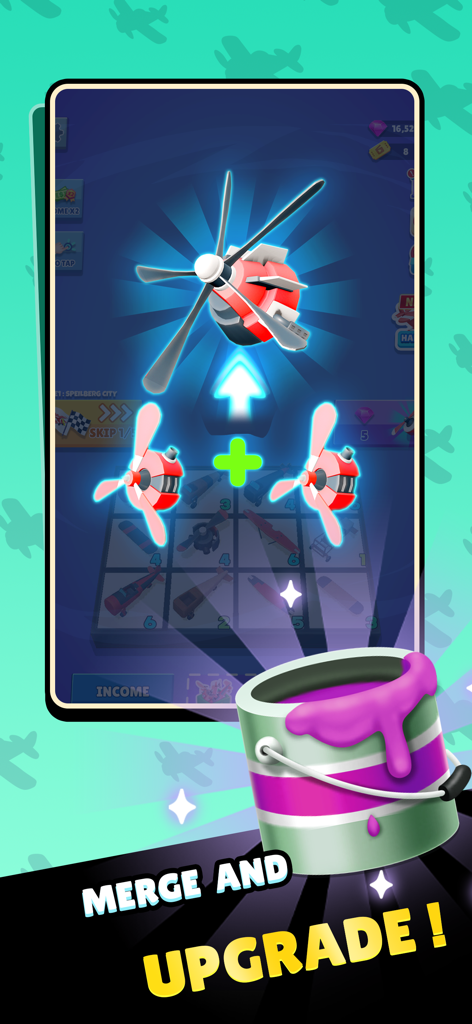 Merge Plane: Air Race! - Una captura de pantalla del juego Merge Plane Air Race que muestra dos motores de hélice fusionándose en un motor de nivel superior con el texto Fusionar y Mejorar