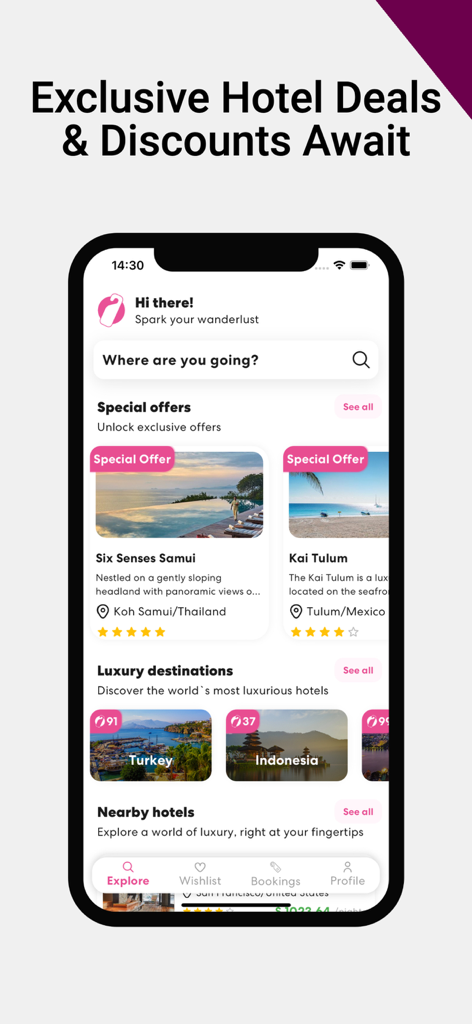 Interfaz de la aplicación móvil Prestigia que muestra ofertas exclusivas de hoteles de lujo y destinos
