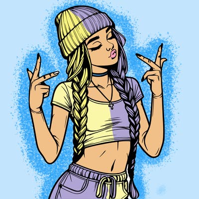 realistic teenage girl with braids and a beanie and crop top doing 🫶🏼