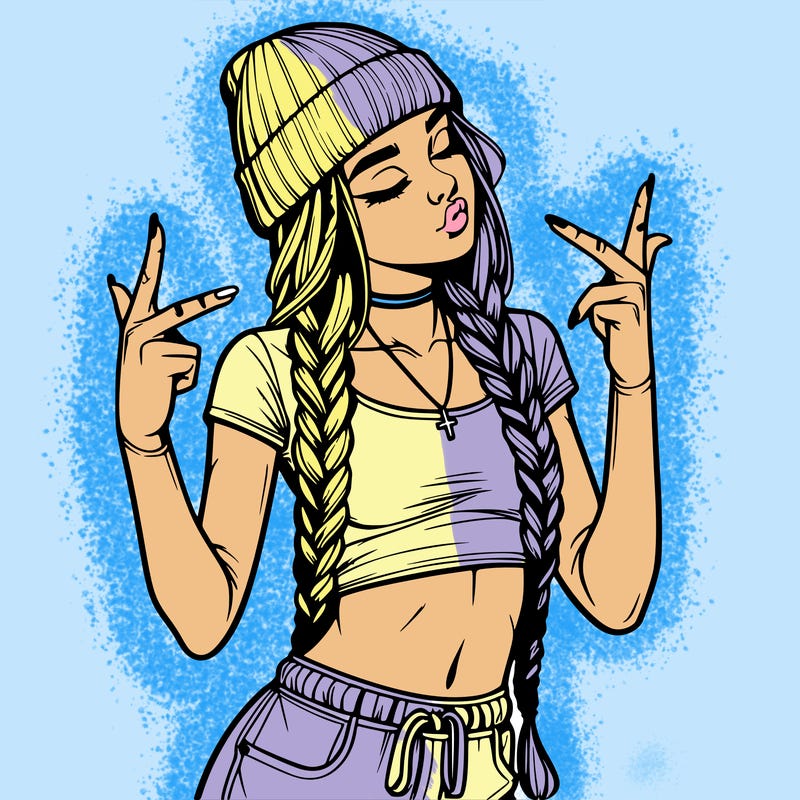 realistic teenage girl with braids and a beanie and crop top doing 🫶🏼