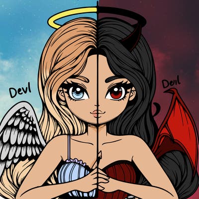 detailed realistic girl  angel versus devil split