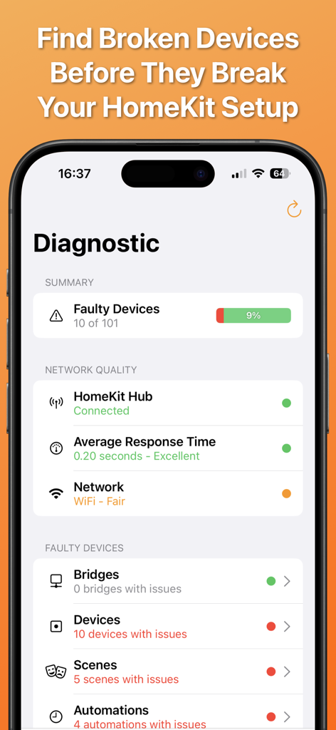 Diagnostic dashboard in HomeCare for HomeKit app showing faulty devices and network quality metrics.