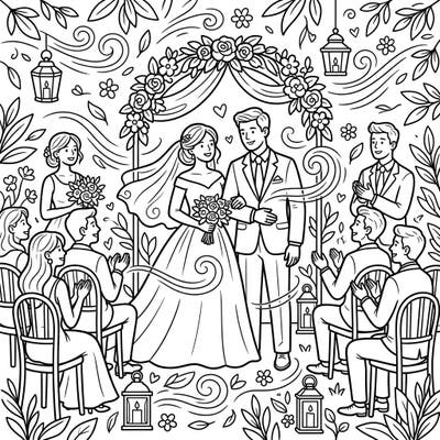Introduce your little one to the joy of coloring with this adorable wedding scene, gently touched by a playful breeze. Its simple, thick lines are perfect for toddlers to practice their early motor skills while celebrating a happy union.