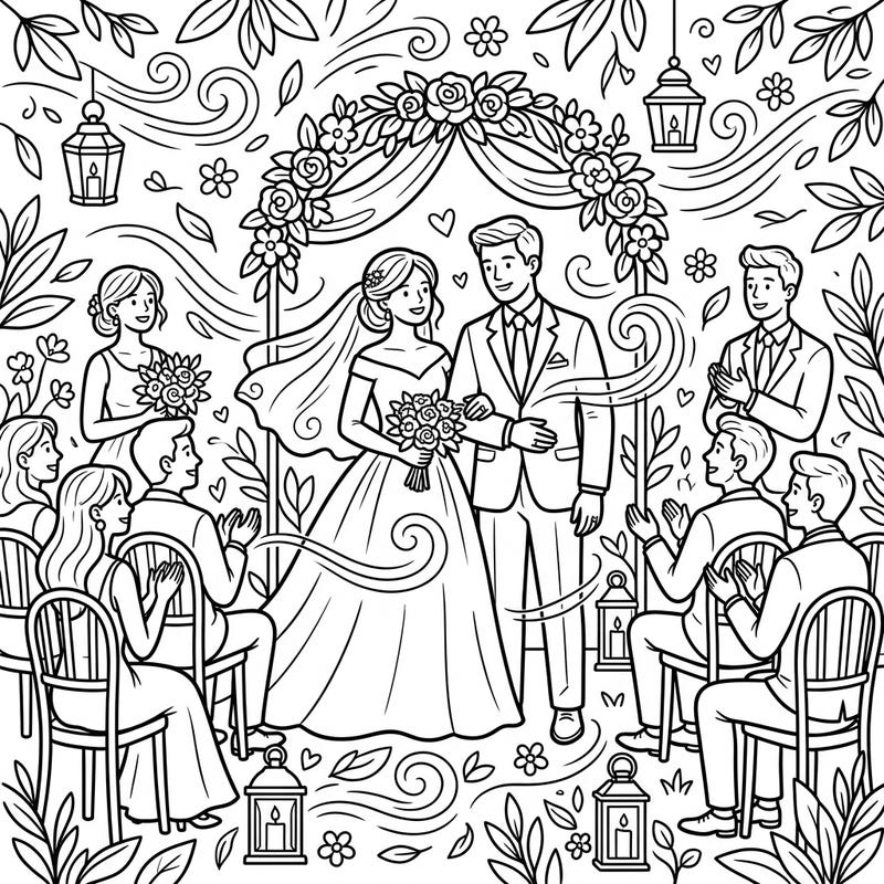 Introduce your little one to the joy of coloring with this adorable wedding scene, gently touched by a playful breeze. Its simple, thick lines are perfect for toddlers to practice their early motor skills while celebrating a happy union.
