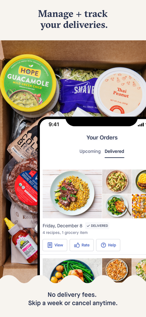Hungryroot mobile App-Oberfläche, die die Sendungsverfolgung und gelieferte gesunde Lebensmittel zeigt