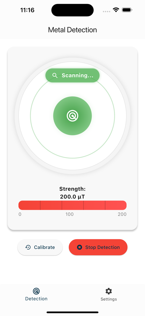 Smartphone screen showing the Find Metal app interface with a real-time magnetic strength meter