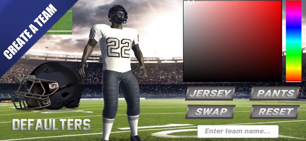 American Football Champs - Tela de criação de equipe do American Football Champs com personalização de cores do uniforme e modelo de jogador.