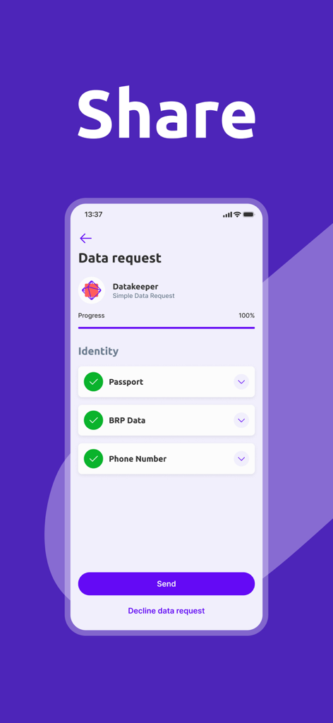 Datakeeper - パスポートと電話番号のデータリクエストを表示するDatakeeperアプリのインターフェース。