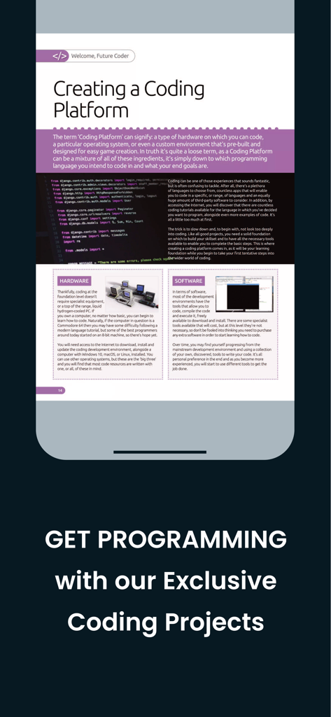An educational page from the Coding User app titled Creating a Coding Platform featuring hardware and software setup guides