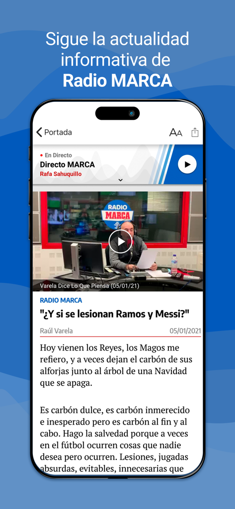 Interface do aplicativo Radio MARCA mostrando uma transmissão de rádio esportiva ao vivo e um artigo sobre Ramos e Messi