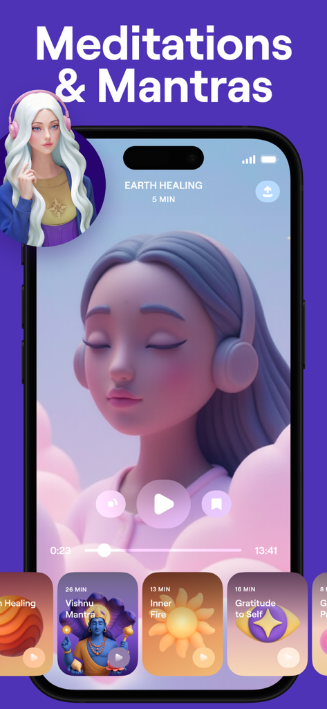 Moonly app interface showing a 3D character meditating with headphones on the Meditations and Mantras screen