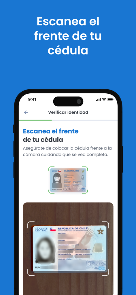 BICE ID - Tela de um celular mostrando a interface do aplicativo BICE ID para digitalizar a frente de um documento de identidade chileno para verificação.
