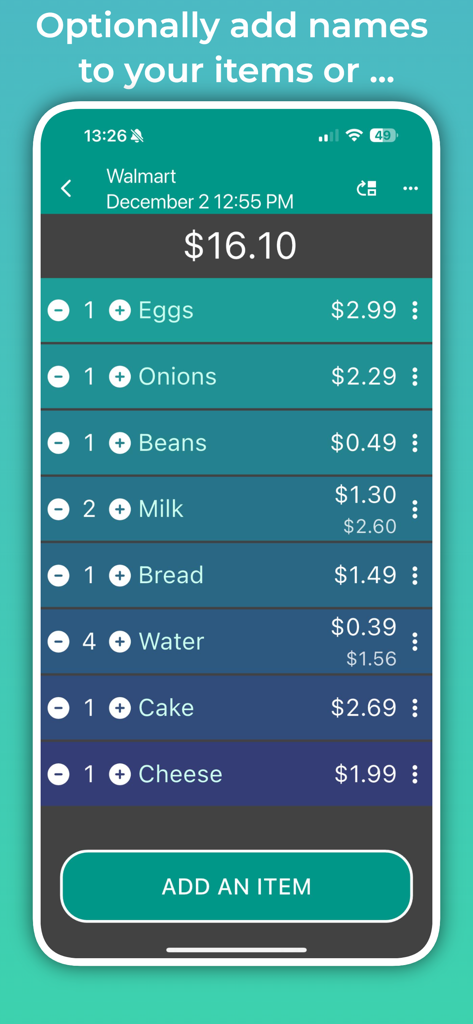 Shopping Calculator. - Una pantalla de aplicación móvil que muestra una lista de comestibles con artículos como huevos y leche, sus precios individuales y un total acumulado de dieciséis dólares y diez centavos.