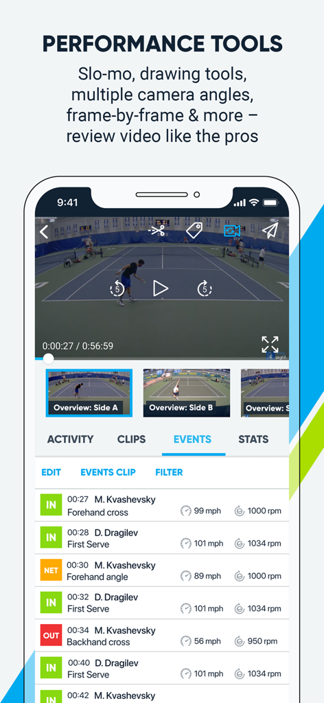 Interfaz móvil de la aplicación PlaySight que muestra herramientas de análisis de rendimiento para un partido de tenis con video y datos de golpes