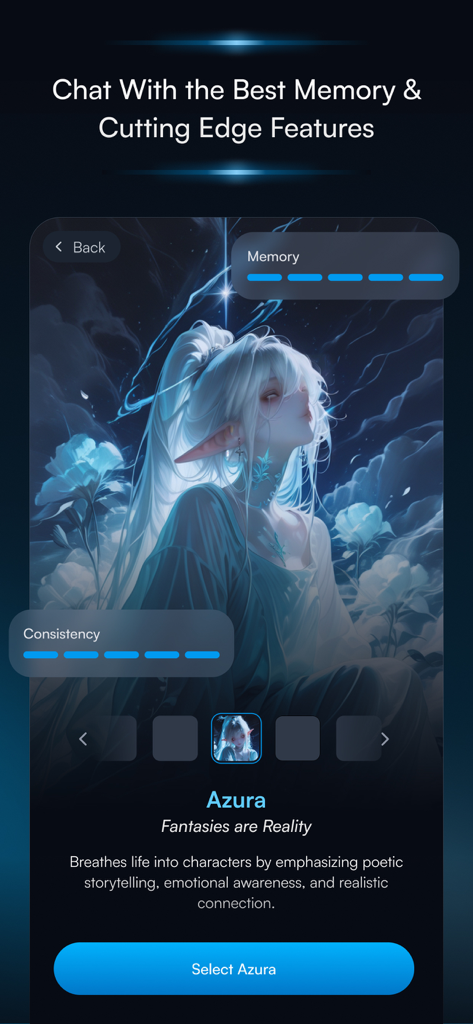 Dewy: Chat with AI Characters - Interface of the Dewy app showing the AI character Azura with memory and consistency features for realistic storytelling