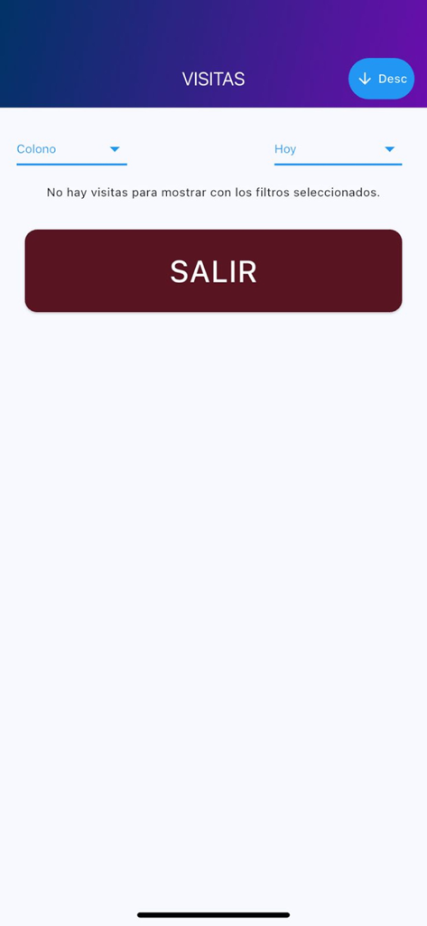 Easy/Check Fraccionamientos - Interfaz para la gestión de visitantes en la aplicación Easy Check que muestra que no hay visitas actuales
