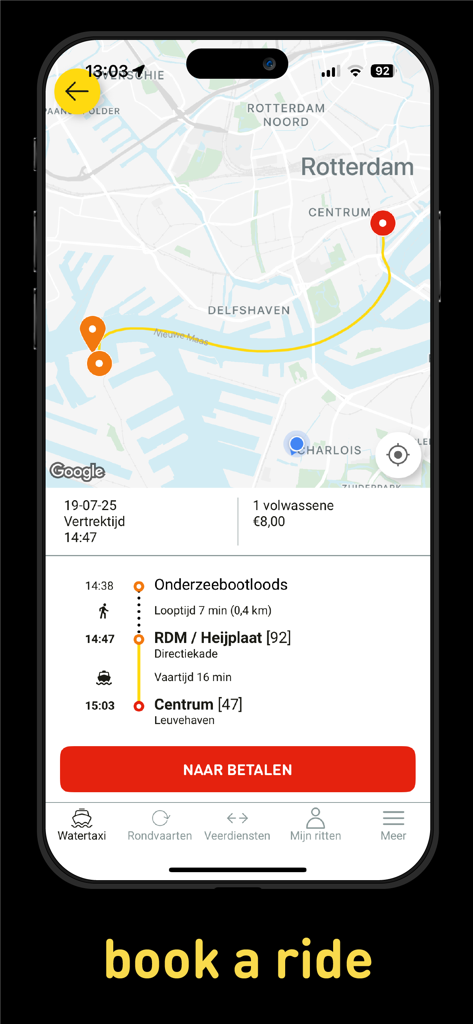 Watertaxi Rotterdam app booking interface showing a planned route on a map and ride details