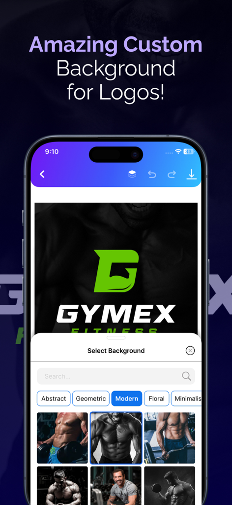 AI Logo Maker: Graphic Designs - AI Logo Maker app interface showing a gym logo with a custom fitness background and selection menu.