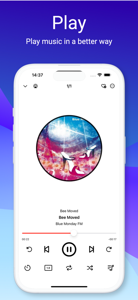 Interface do reprodutor de música do aplicativo File Hub no iPhone mostrando controles de reprodução e arte do álbum