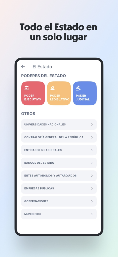 PortalParaguay app interface displaying branches of the Paraguayan government and public institutions