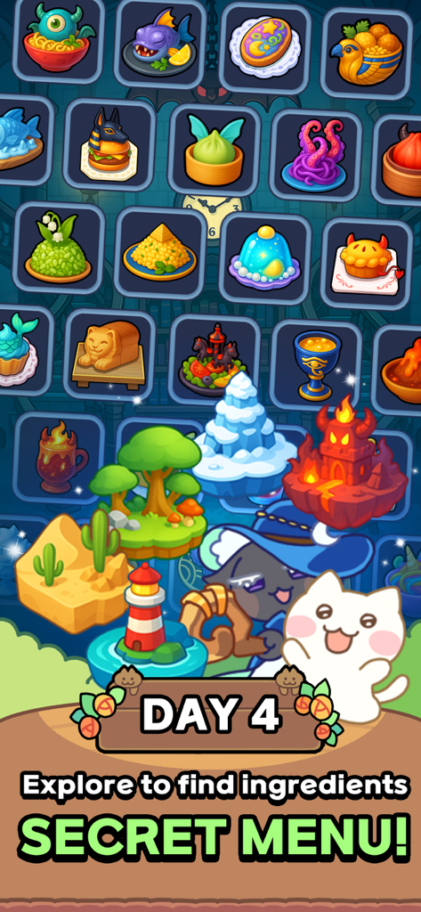 Catstaurant : Cat Chefs - 독특한 판타지 요리와 재료를 찾기 위한 탐험 섬이 있는 비밀 메뉴를 보여주는 캣스타우란트 고양이 셰프의 다채로운 게임 화면.