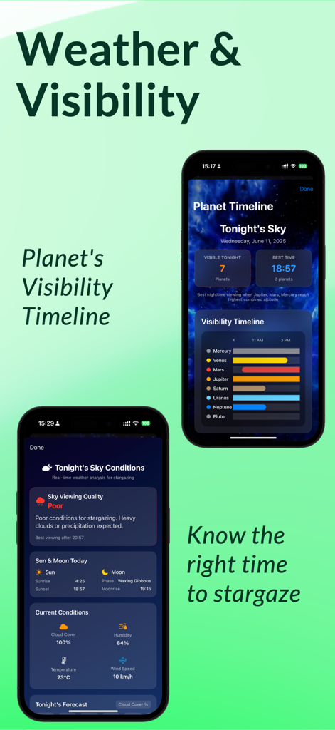 Interfaz de aplicación móvil mostrando una línea de tiempo de visibilidad de planetas y condiciones detalladas de visualización del cielo para la observación de estrellas.