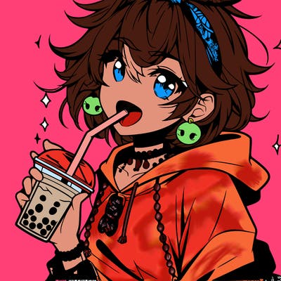 hot baddie anime girl drinking boba and biting the straw