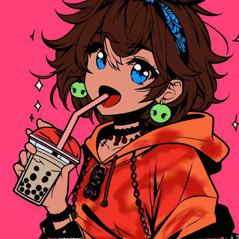 hot baddie anime girl drinking boba and biting the straw