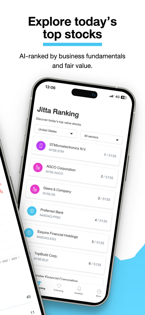 Jitta: Value Investing Intel - Pantalla de la aplicación Jitta que muestra las mejores acciones de valor clasificadas por IA según los fundamentos del negocio y el valor justo