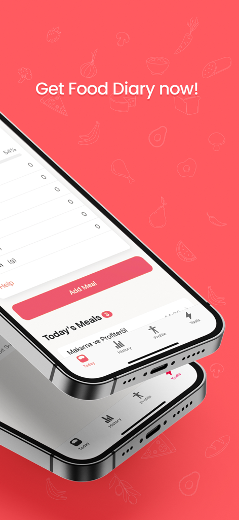 Food Diary - Nutrition Tracker - Two iPhones displaying the Food Diary nutrition tracker interface with a prominent Add Meal button against a red background