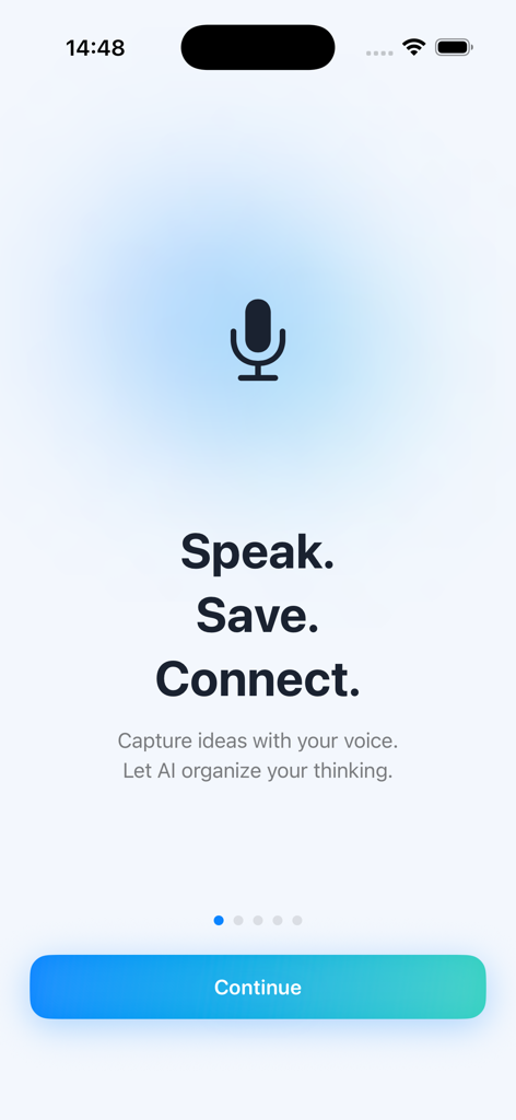 Affirmations - Voicey - 마이크 아이콘과 '말하고, 저장하고, 연결하세요'라는 슬로건이 있는 Voicey 앱 온보딩 화면