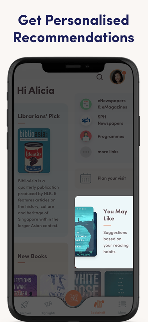 A mobile screen from the NLB Mobile app showing personalized reading recommendations and library services.