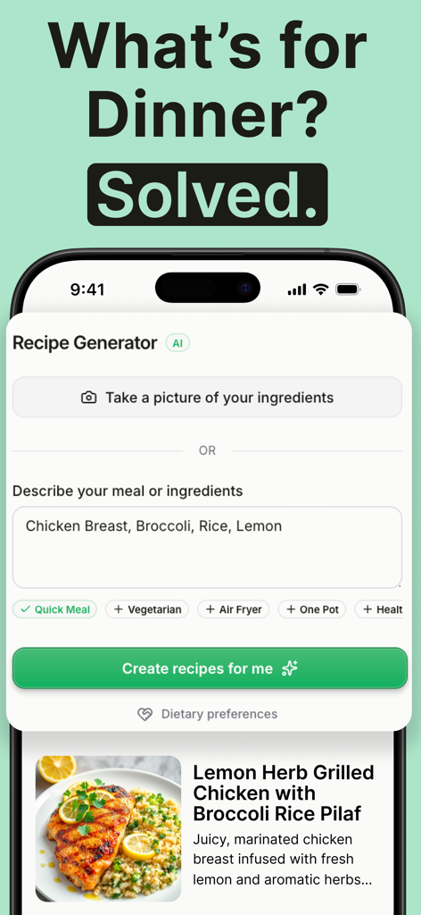Recipe Keeper - Mr. Cook - Smartphone screen showing the AI recipe generator feature in the Mr. Cook app with the headline What is for dinner Solved