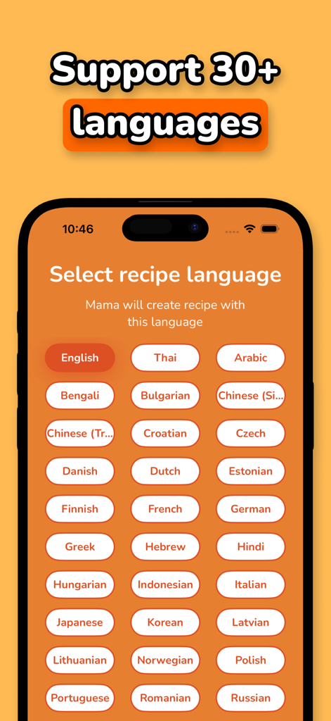 Mama AI - Recipe Identifier - Mama AI app screen showing a list of over 30 languages for recipe translation