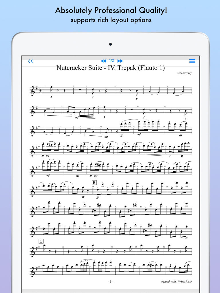 iWriteMusic Pro SE - Notación musical profesional y partitura mostrada en un iPad